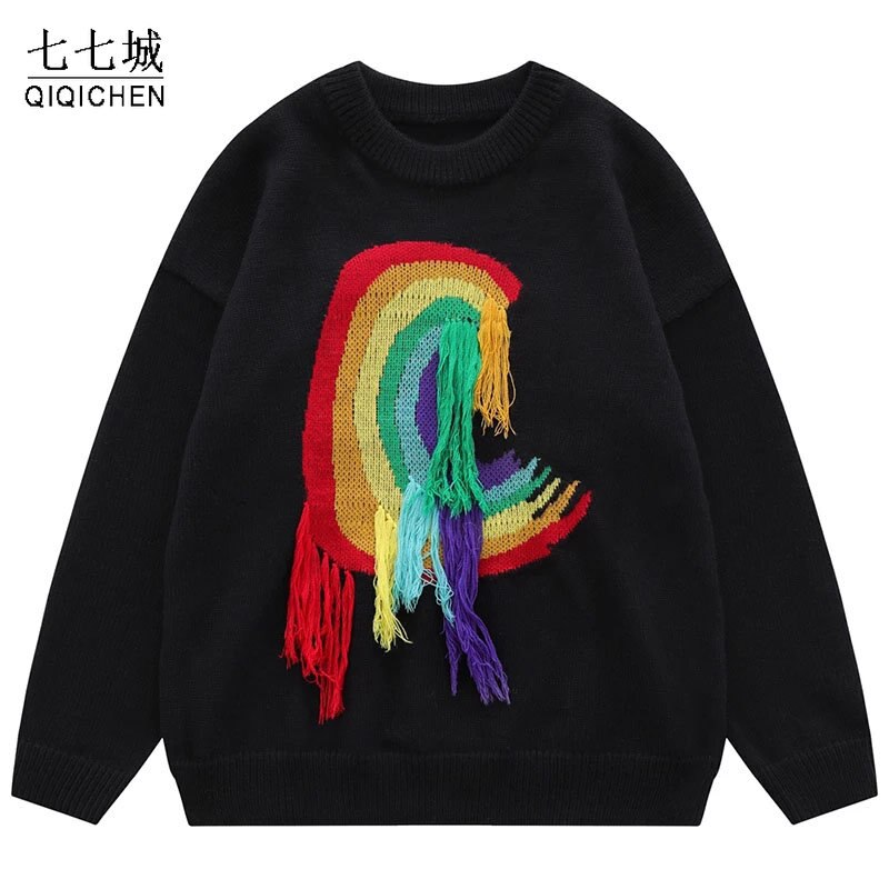 Autumn Mens Knitted Jumper Sweaters Hip Hop Rainbow Tassel Streetwear Harajuku Spring Fashion Street Casual Pullover